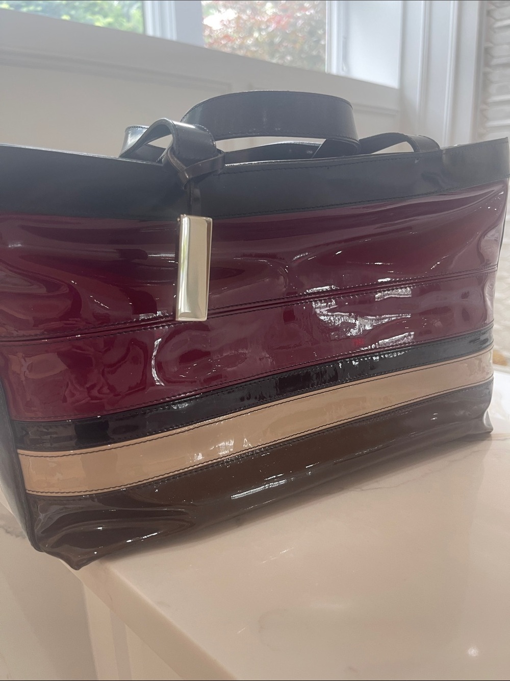 Authentic Burberry Patent Leather Stripe Tote Bag in Burgundy, Black & Beige